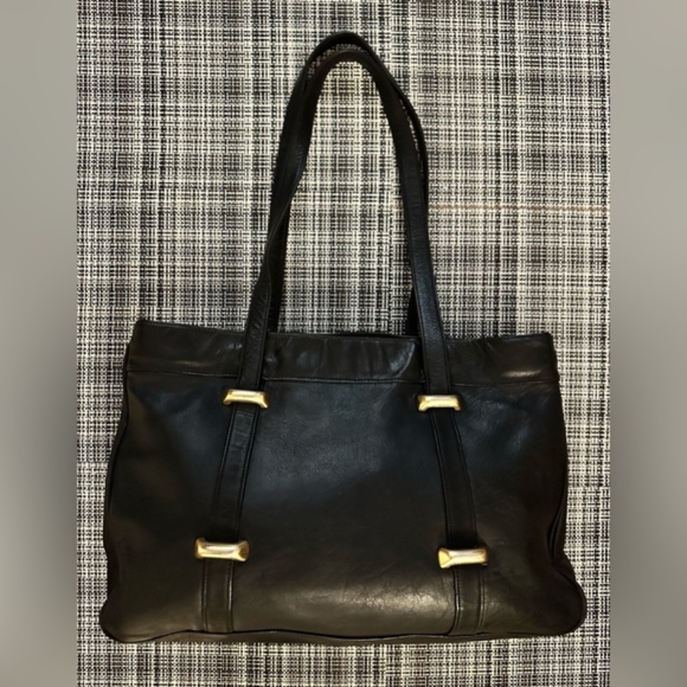 Perlina Black Leather Tote with Gold Accents
